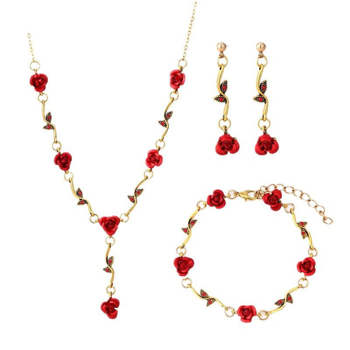 Wholesale Rose Flower Bracelet suit Elegant Red Rose Necklace Trendy Bracelet