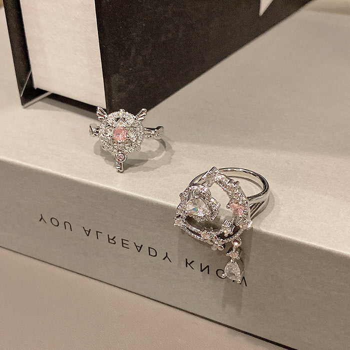 Wholesale Super Fairy Pink Diamond Tassel Ring Versatile Fashion Micro Inlaid Zircon Ring