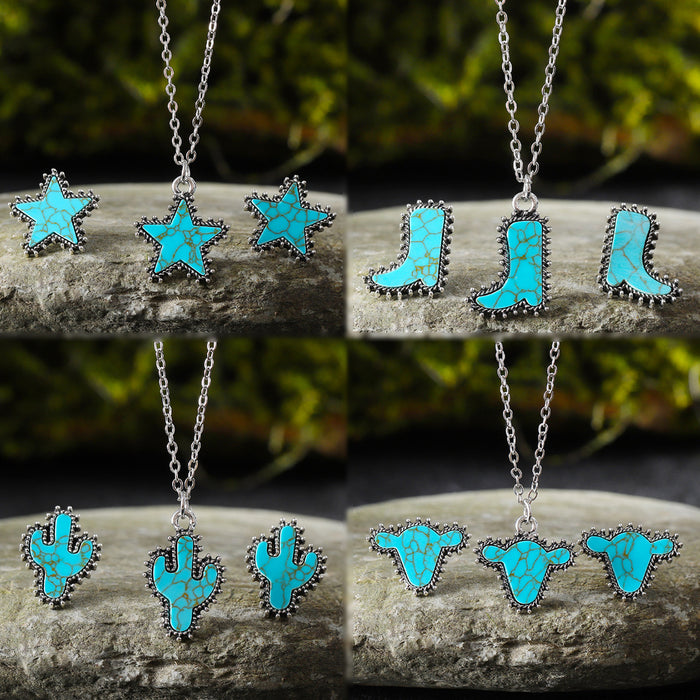 Wholesale Cactus Star Bull Head Heart Turquoise Earrings Necklace Set Simple Color Alloy Jewelry
