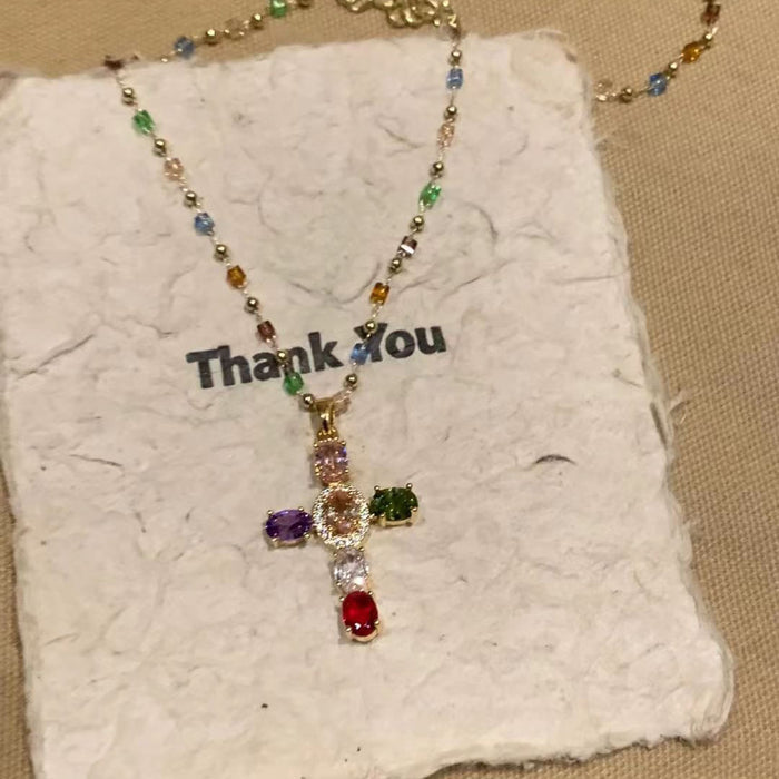 Wholesale Colorful cross, contrasting crystal necklace, niche design, temperament, super sparkling zirconia lock chain