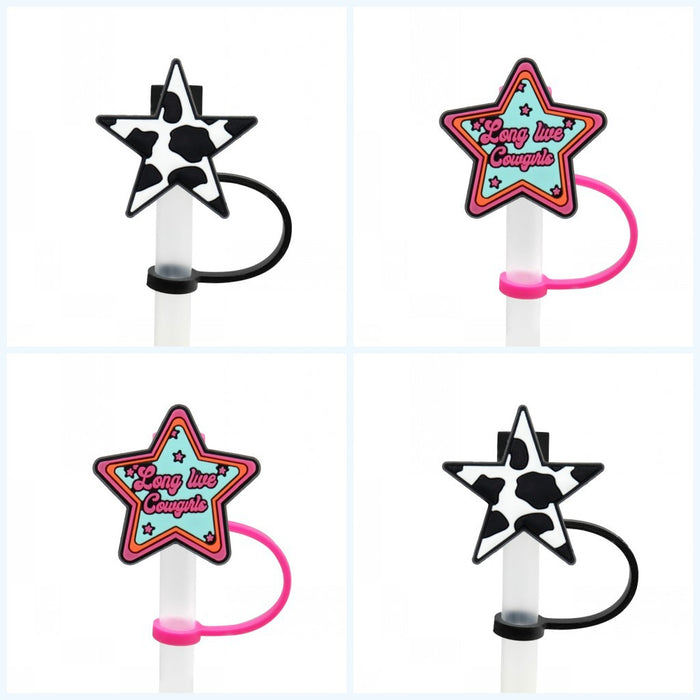 Wholesale of 10pcs Cow Patterned Pentagonal Silicone Dustproof Straw Plugs JDC-SCR-KuaJi012