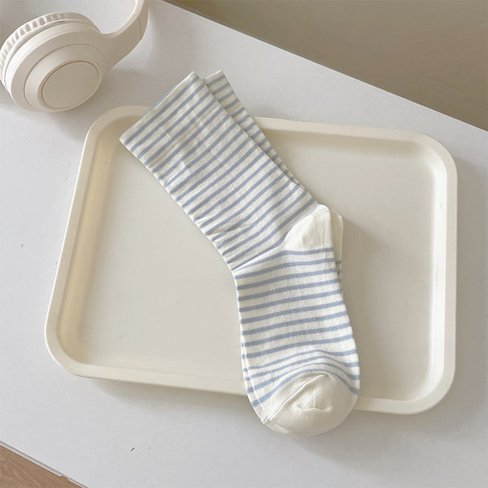 Wholesale Cream striped socks, medium socks, thin cotton socks, sports stockings