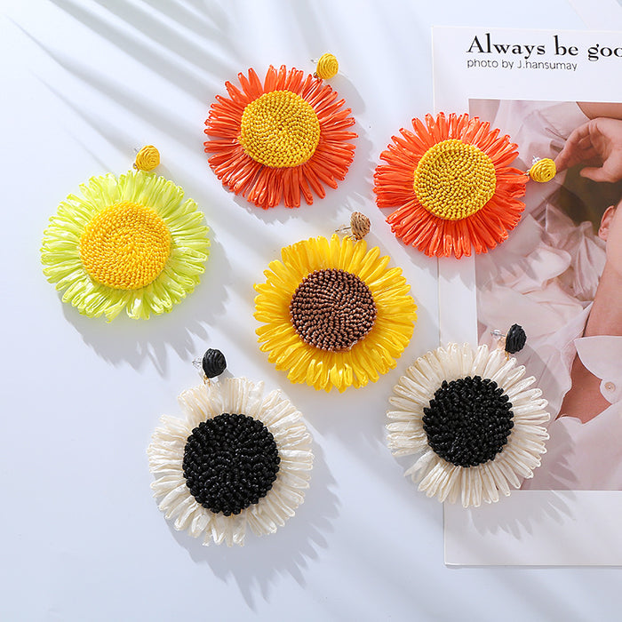 Wholesale Handmade Woven Raffia Sunflower Earrings JDC-ES-HM011