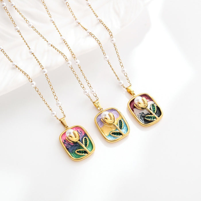 Wholesale Vintage oil painting style necklace for women, versatile and high-end, drip oil flower pendant, collarbone chain accessory