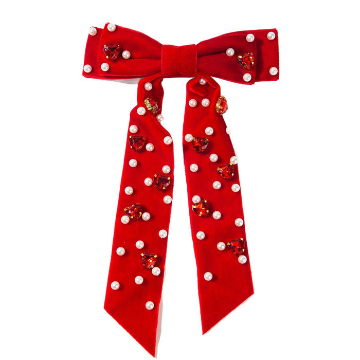 Wholesale Multi-layered bow-embellished heart-shaped rhinestone velvet hair clip