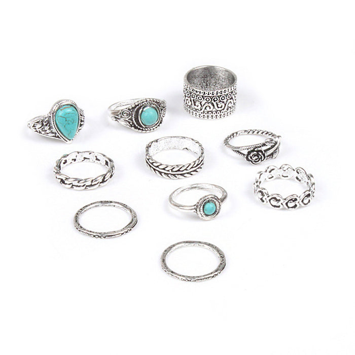 Wholesale vintage totem flower turquoise 10-piece ring