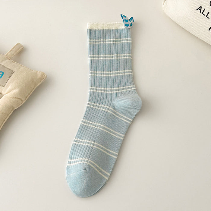 Wholesale Spring/Summer Cream Blue Striped Heel Love Cloth Label Middle Tube Stacked Socks