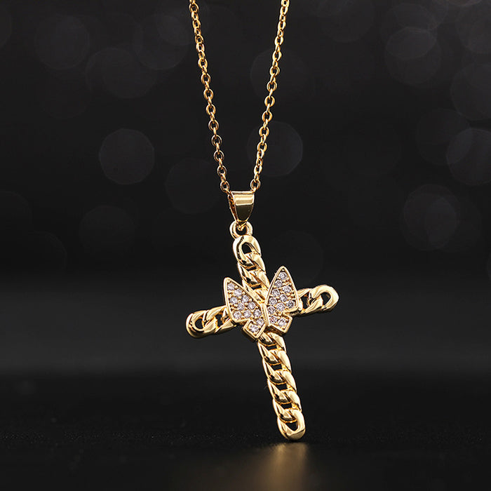 Wholesale Copper Inlaid Zircon Cross Pendant Necklace JDC-NE-ShangY035