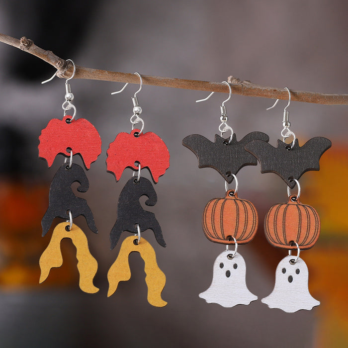 Wholesale  Witch Pumpkin Bat Ghost Pendant Earrings Wooden Double Sided  Earrings Gift
