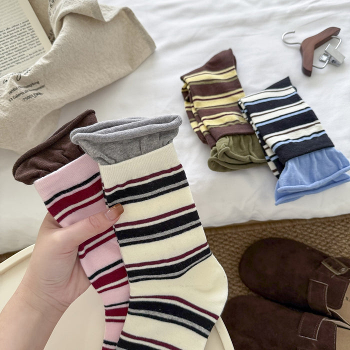 Wholesale Striped socks with patchwork, loose mouth, rolled edges, mid tube socks, stacked socks