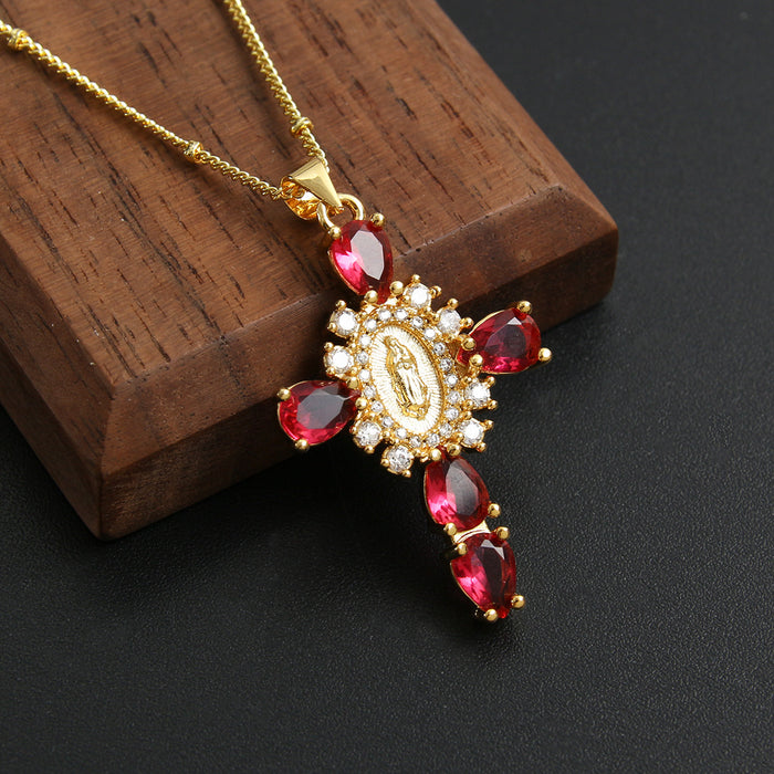 Wholesale Copper Gold Plated Micro-Inlaid Zircon Our Lady Cross Pendant Necklace JDC-NE-BaiTian007