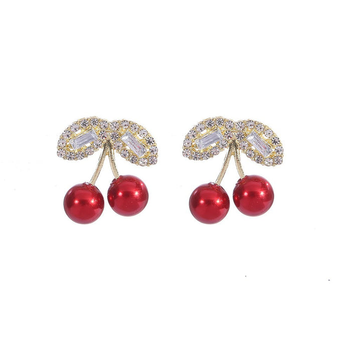 Wholesale Electroplated Cherry Rhinestone Pearl Ear Studs Sweet Design Fashion Jewelry