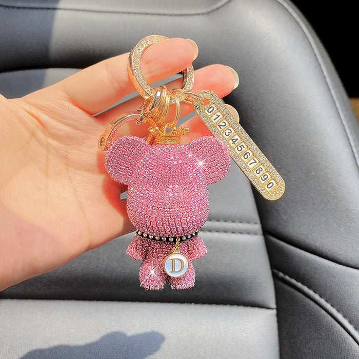 Wholesale Car Keychain Full Diamond Cartoon Big Head Bear Key Chain Letter Cartoon Exquisite Girl Key Pendant Gift