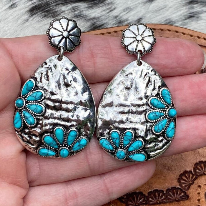 Wholesale Water droplet alloy inlaid turquoise earrings with retro style earrings and earrings