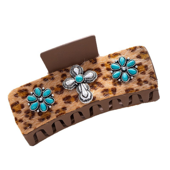 Wholesale Bohemian Turquoise Western Grabber Retro Leopard Sequin Leather Ethnic Style Shark Clip