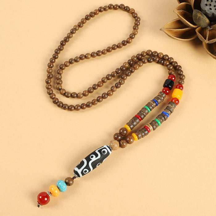 Wholesale Long Cotton and Linen Accessories Wooden Pendant Buddhist Beads Necklace JDC-NE-Luox003