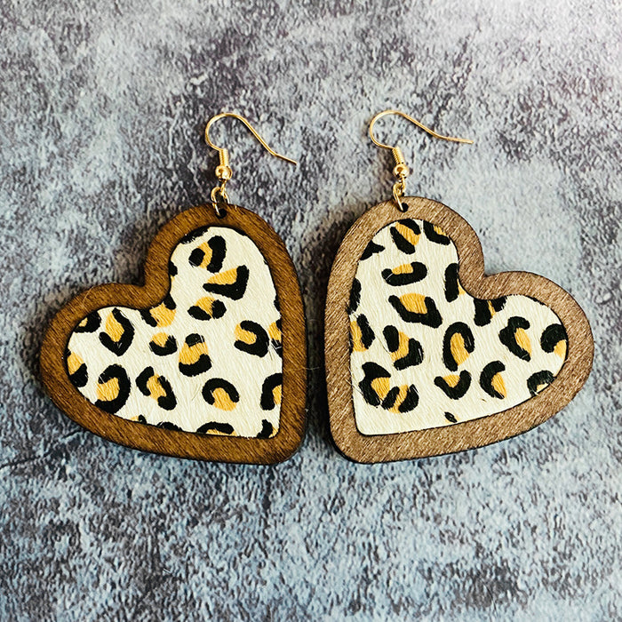 Wholesale  Valentine' s Day Genuine Leather Earrings Love Leopard Horse Hair Inlaid Wooden Earrings