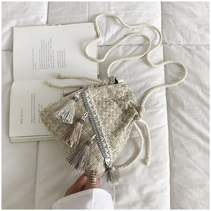 Wholesale Cotton Bucket Bag with Tassel for Women Ethnic Style