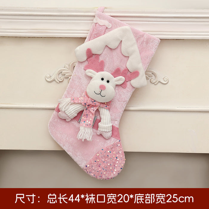 Wholesale Christmas Socks Children' s Gift Bag Pink Cartoon Roof Old Man Candy Gift Decoration Supplies Christmas Tree