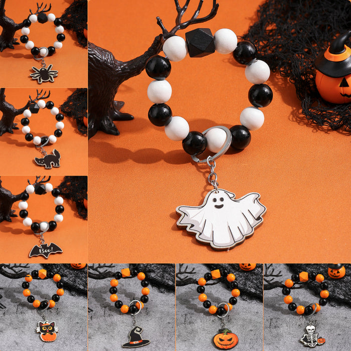 Wholesale Halloween Wooden Ghost Pumpkin Spider Bracelet Keychain JDC-KC-RongRui028