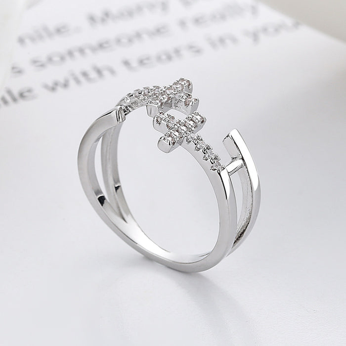 Wholesale Personalized double-layer cross ring with diamond inlay and versatile opening, light luxury
