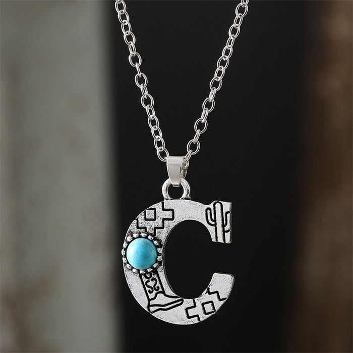 Wholesale 2pcs Retro 26 English Letter Turquoise Necklace