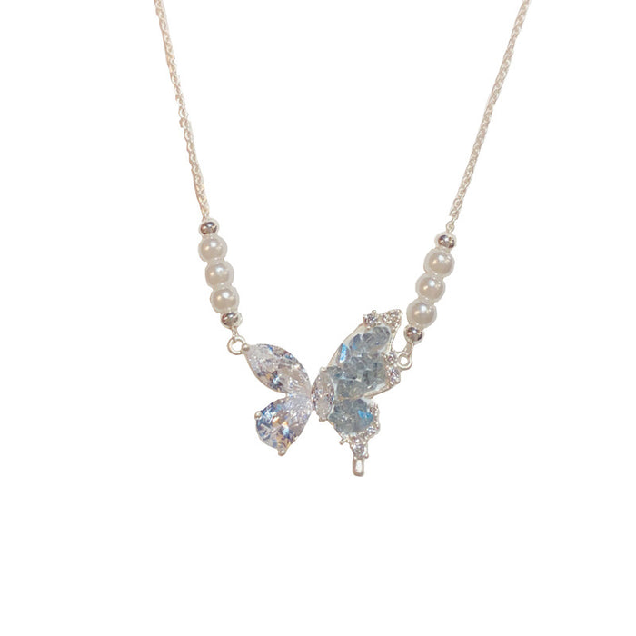 Wholesale Blue Crystal Butterfly Pearl Necklace Thick Gold Plated Copper Fashion Jewelry Accessory