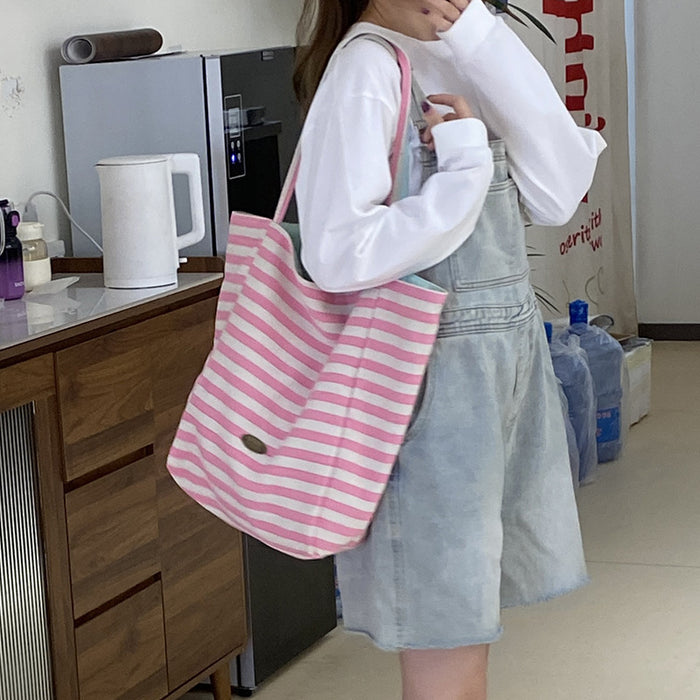 Wholesale Striped canvas bag, casual large capacity, reversible single shoulder tote bag, commuting bag
