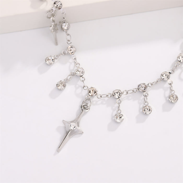 Wholesale Atmosphere Cross Four Corners Star Tassel Necklace Super Sparkling Zircon High Grade Neck Chain, Small Personality Clavicle Chain