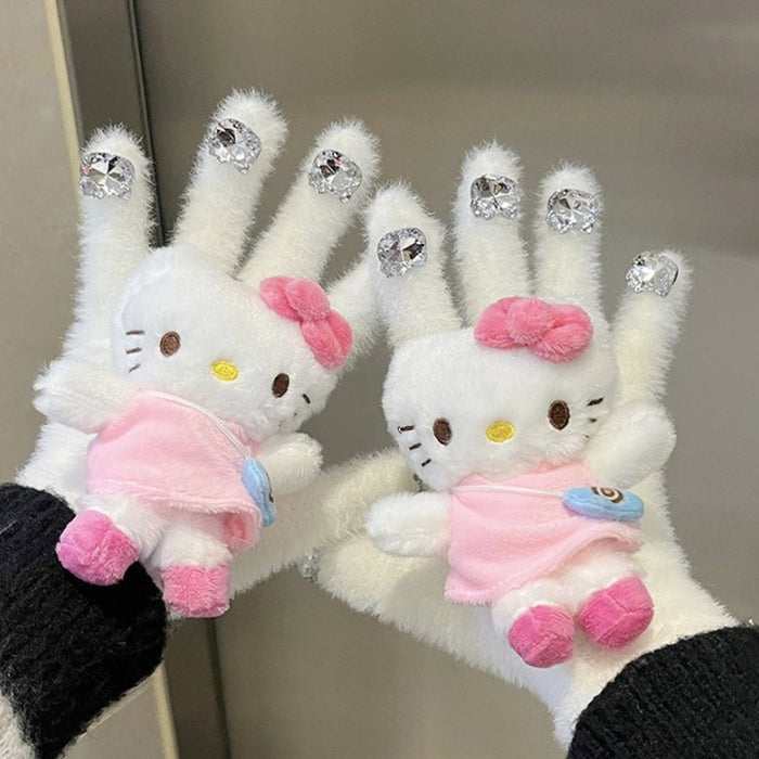 Wholesale Cute Cat Diamond Gloves Girls Winter Warm  Rhinestone Cycling Plush Wear Gloves