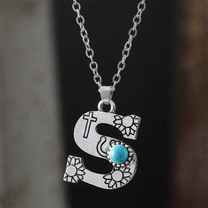 Wholesale 2pcs Retro 26 English Letter Turquoise Necklace