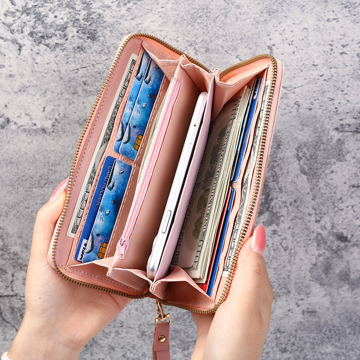 Wholesale Women' s Long Zip Phone Wallet Pink Solid Contrast Color Everyday Use Resale MOQ≥3
