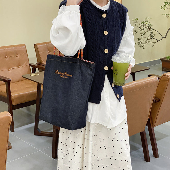 Wholesale Double sided denim shoulder bag, fashionable large capacity hand-held canvas bag, retro tote bag