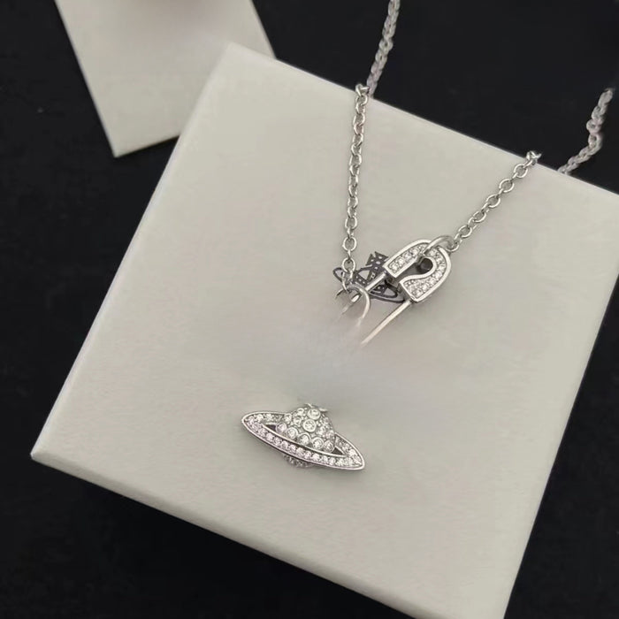 Wholesale  titanium steel necklace  full diamond Saturn paper clip pendant niche sweater chain jewelry accessories clavicle chain