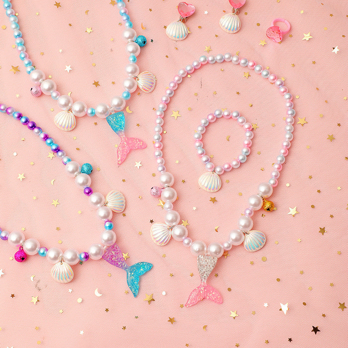 Wholesale Children' s new synthetic pearl jewelry set cute cartoon mermaid tail beaded necklace bracelet earring set