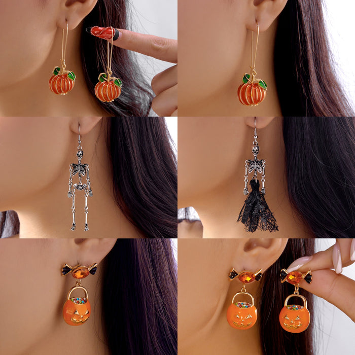 Wholesale  Oil-Dripping Pumpkin Skull Skeleton Pendant Earrings All-match Alloy Earrings Set Gift