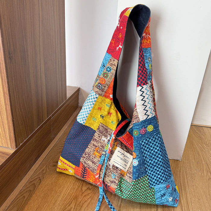 Wholesale Retro double-sided patchwork pericardial shoulder bag, large capacity shopping bag