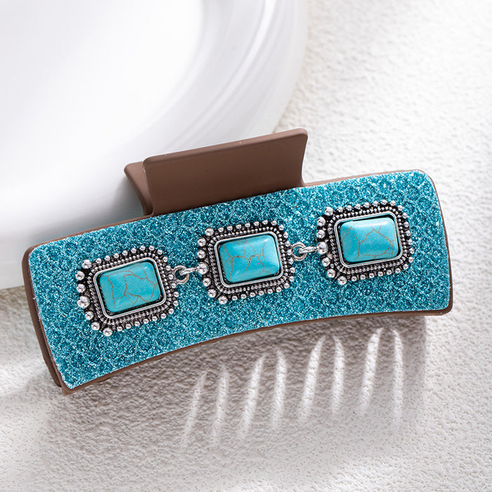 Wholesale Bohemian turquoise grab clip high-end female retro leopard print sequined leather ethnic style back of the head shark clip