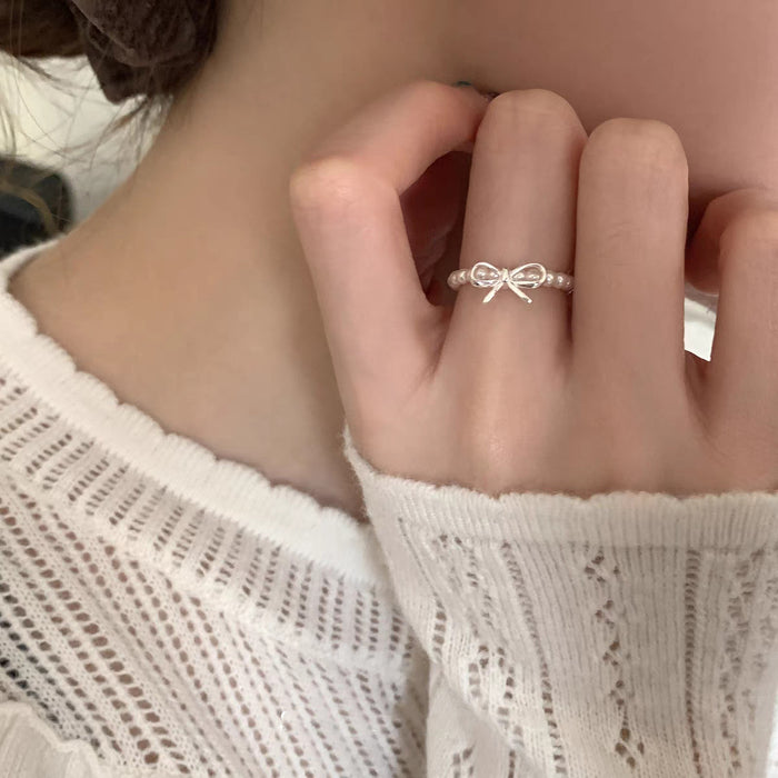 Wholesale Bow pearl ring for women, light luxury, exquisite and high-end index finger ring, adjustable index finger ring