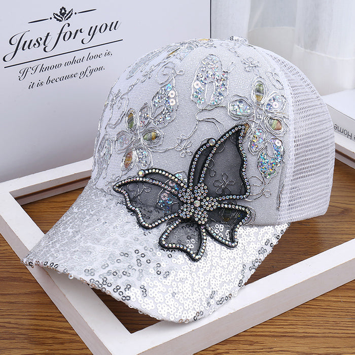 Wholesale Sparkling duckbill cap, fashionable rhinestone butterfly baseball cap