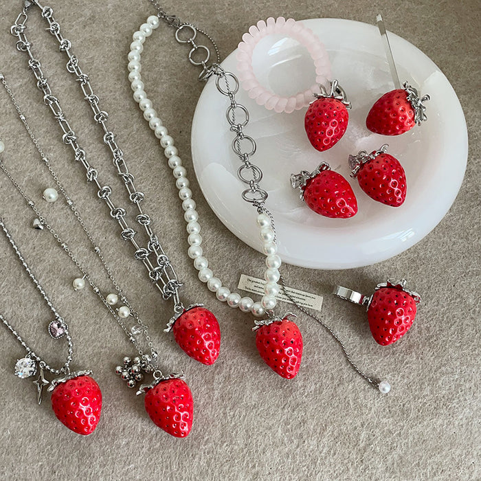 Wholesale Cute Red Realistic Strawberry long Necklace/Earrings