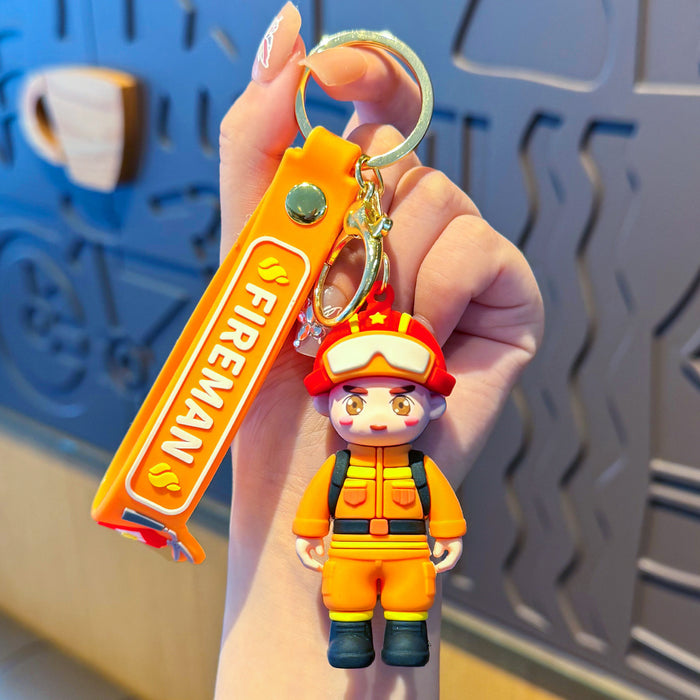 Wholesale Chinese Style Cartoon Traffic Police Firefighter PVC Keychain Pendant Fire Safety Campaign
