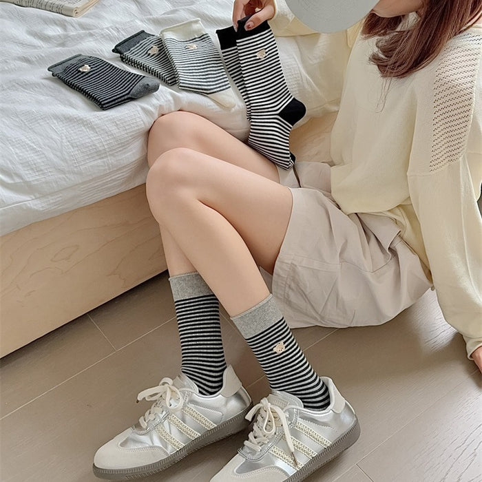 Wholesale Mid length socks, cotton socks, rolled edge striped pile socks, embroidered long socks