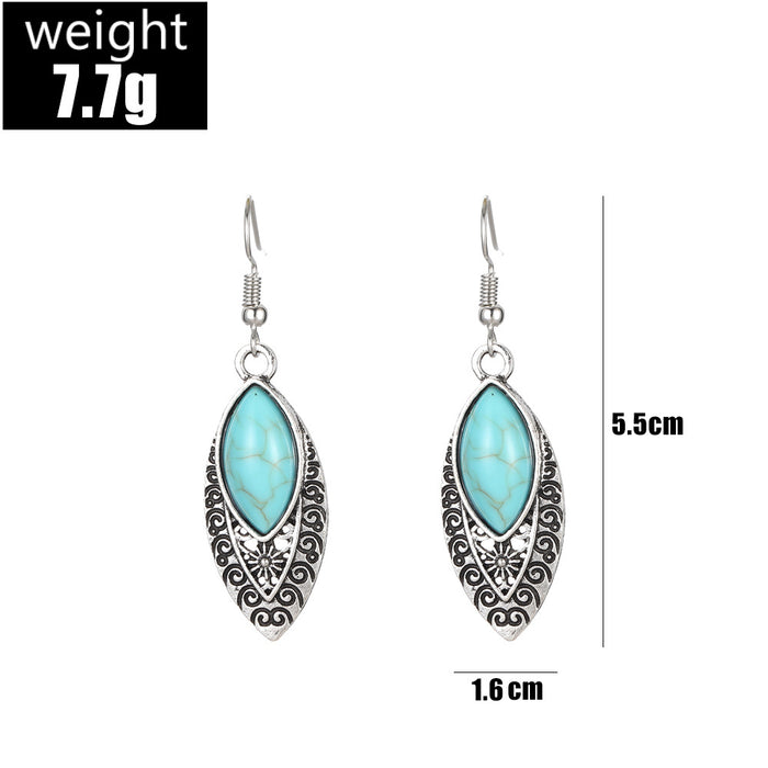Wholesale Vintage turquoise oval carved openwork earrings