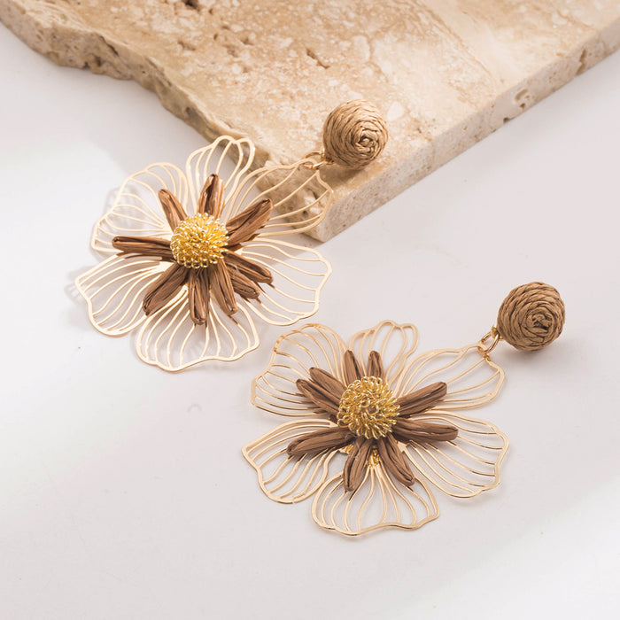 Wholesale Raffia Flower Earrings Yellow Alloy Jewelry Accessory Gift Boutique