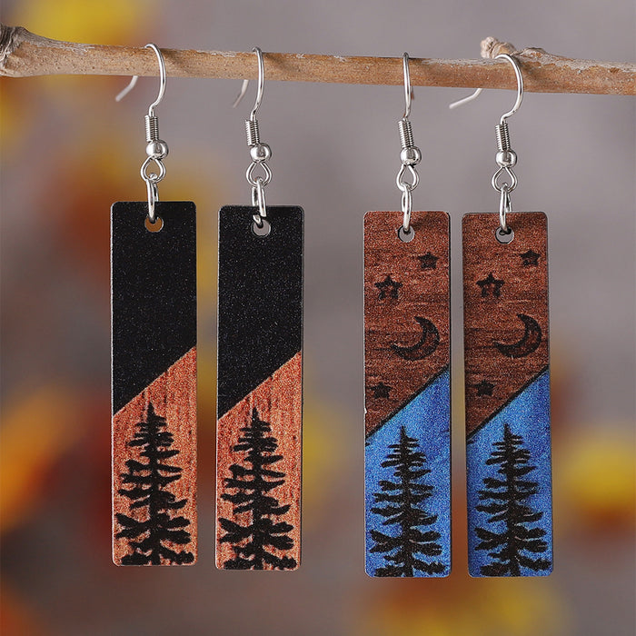 Wholesale Pine Tree Star Moon Rectangular Geometric Pendant Earrings Women' s Wooden Double-Sided Earrings