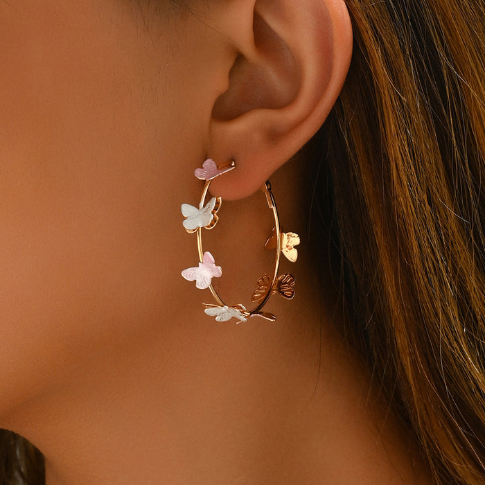 Wholesale Zinc Alloy Butterfly Hoop Earrings Pink Multi-Layer Hollow Design Jewelry Accessory MOQ≥2
