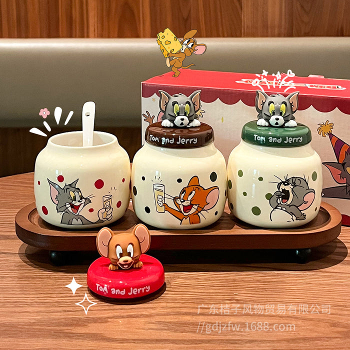 Wholesale Cute cartoon pattern household airtight ceramic jars for kitchen organizers