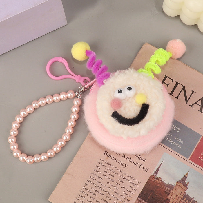Wholesale Plush Coin Purse Cute Cartoon Round Macaron Pink Bag Charm For Bluetooth Earphones Gift Boutique Street Style