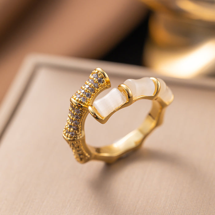 Wholesale Micro-Paved Zircon Cat's Eye Step-Up Bamboo Ring for Women